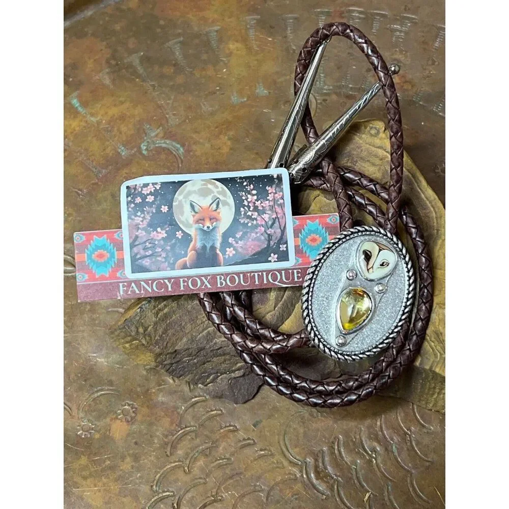 3D Amber Nature OWL Cameo Silver Lariat Black Bolo Tie Wedding Father's Day Dad - Picture 12 of 12